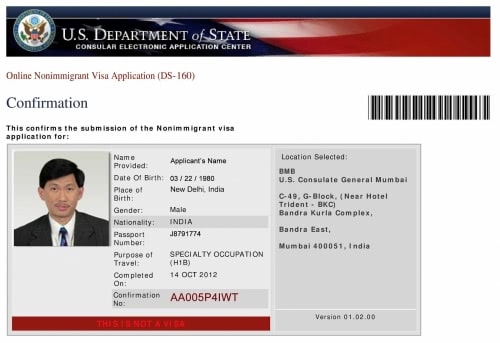 Confirmation of filling DS-160